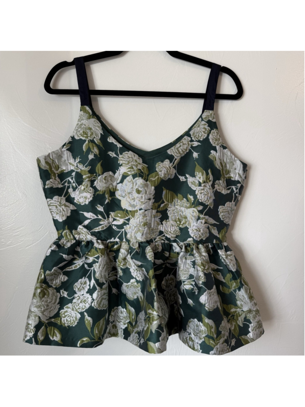 Anthropologie Sunday In Brooklyn Jacquard Peplum Tank Green/Silver Floral LG
